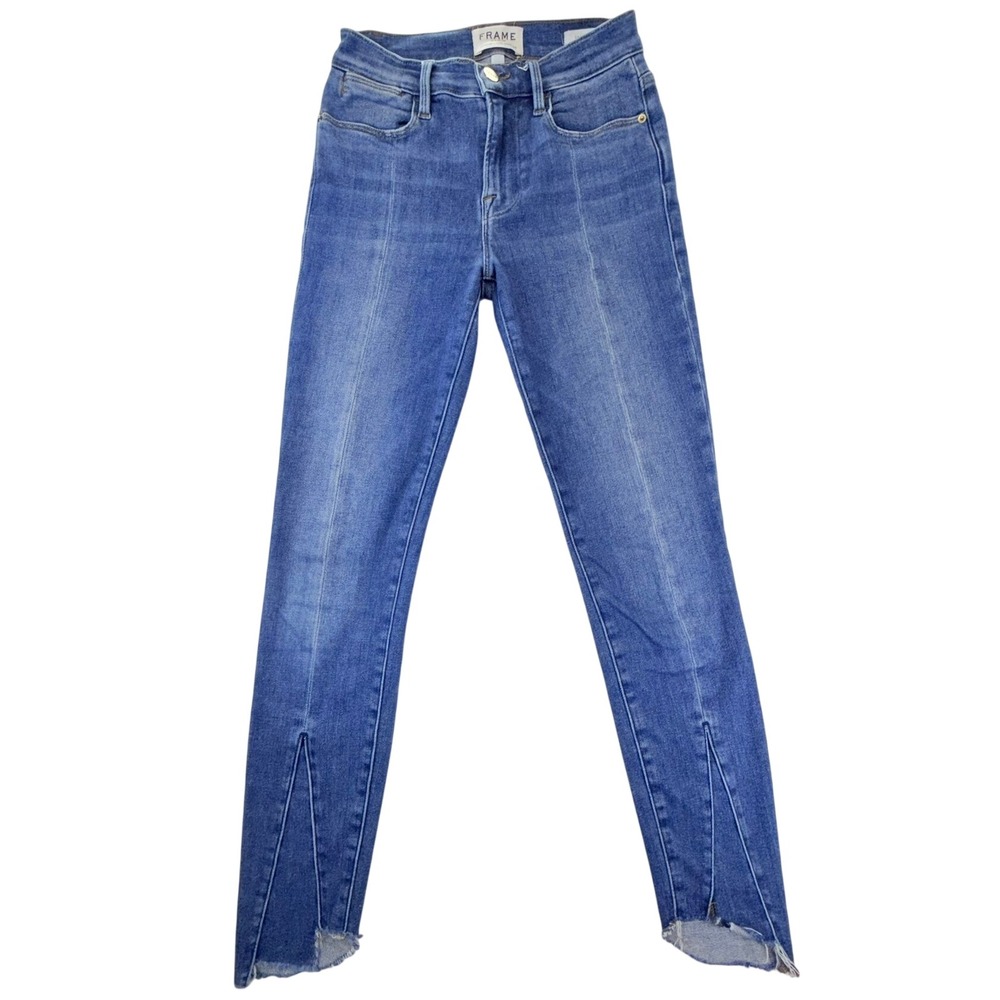 Frame Denim Le High Skinny Jeans Blue Front Seam Raw Split Hem Size 24